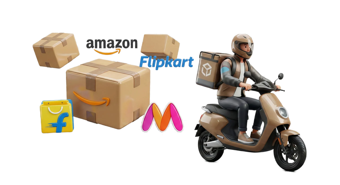 Shopping parcels and a delivery rider bringing Indian store purchases to Nepal